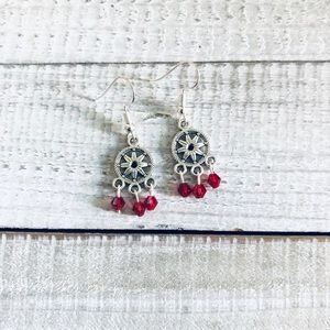 Bohemian Red Octagram Star Silver Earrings NWT